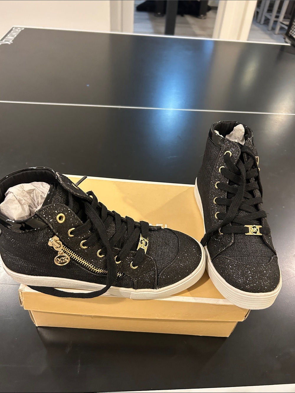 Michael Kors Black Glitter High-Top Sneakers with Gold Accents